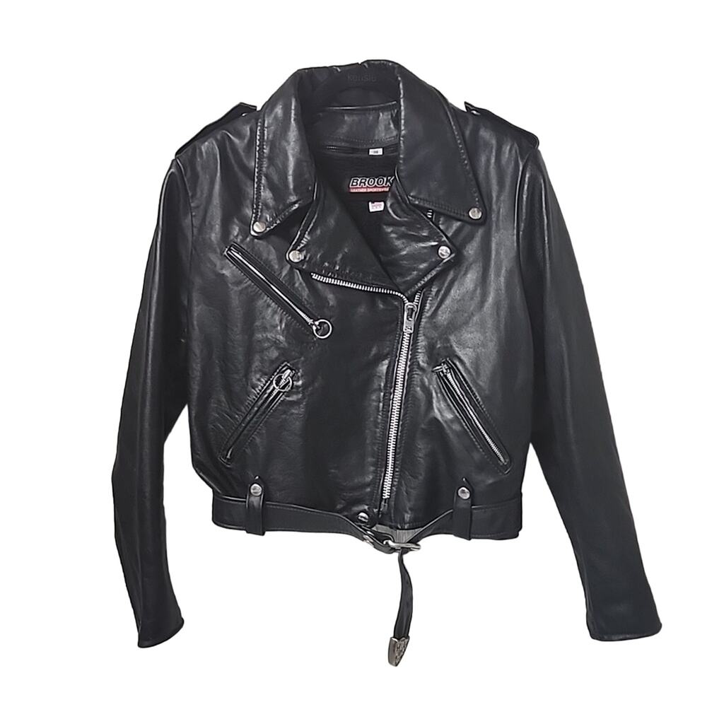 Brooks Harley Davidson Patch Black Leather Moto Jacket Size 38 Vintage
